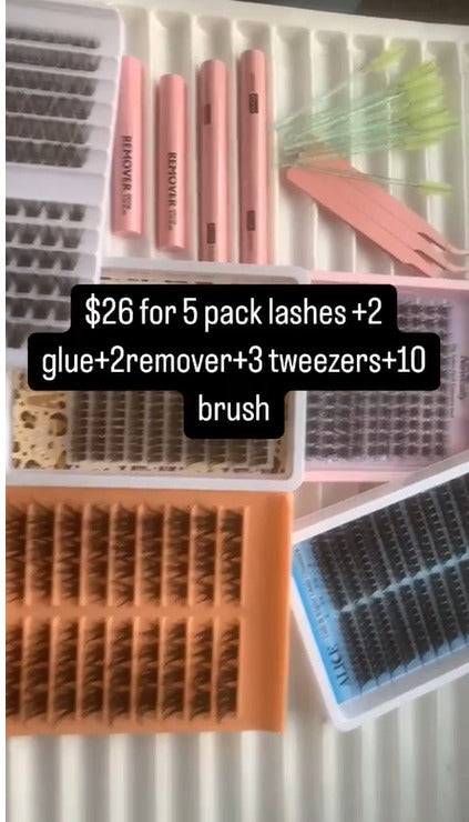 $26 for 5 packs lashes+2 glue +2 remover+3 tweezer +10 brush