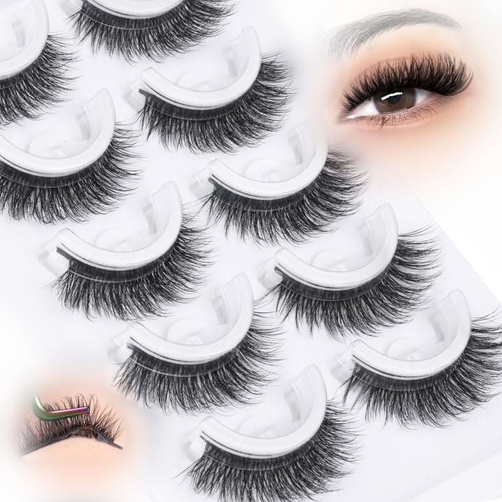 Self Adhesive Eyelashes Wispy Cat Eye Lashes Natural Self Adhesive Lashes Reusable Pre Glued Lashes D-curly Wispy No Glued Needed Fake Eyelashes 8-15MM 5 Pairs by Lvmixwig