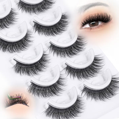 Self Adhesive Eyelashes Wispy Cat Eye Lashes Natural Self Adhesive Lashes Reusable Pre Glued Lashes D-curly Wispy No Glued Needed Fake Eyelashes 8-15MM 5 Pairs by Lvmixwig