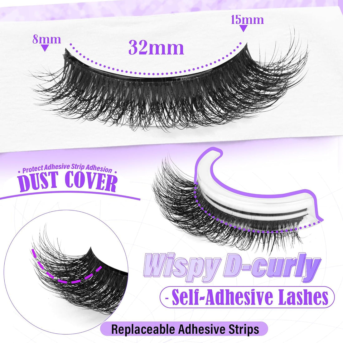 Self Adhesive Eyelashes Wispy Cat Eye Lashes Natural Self Adhesive Lashes Reusable Pre Glued Lashes D-curly Wispy No Glued Needed Fake Eyelashes 8-15MM 5 Pairs by Lvmixwig