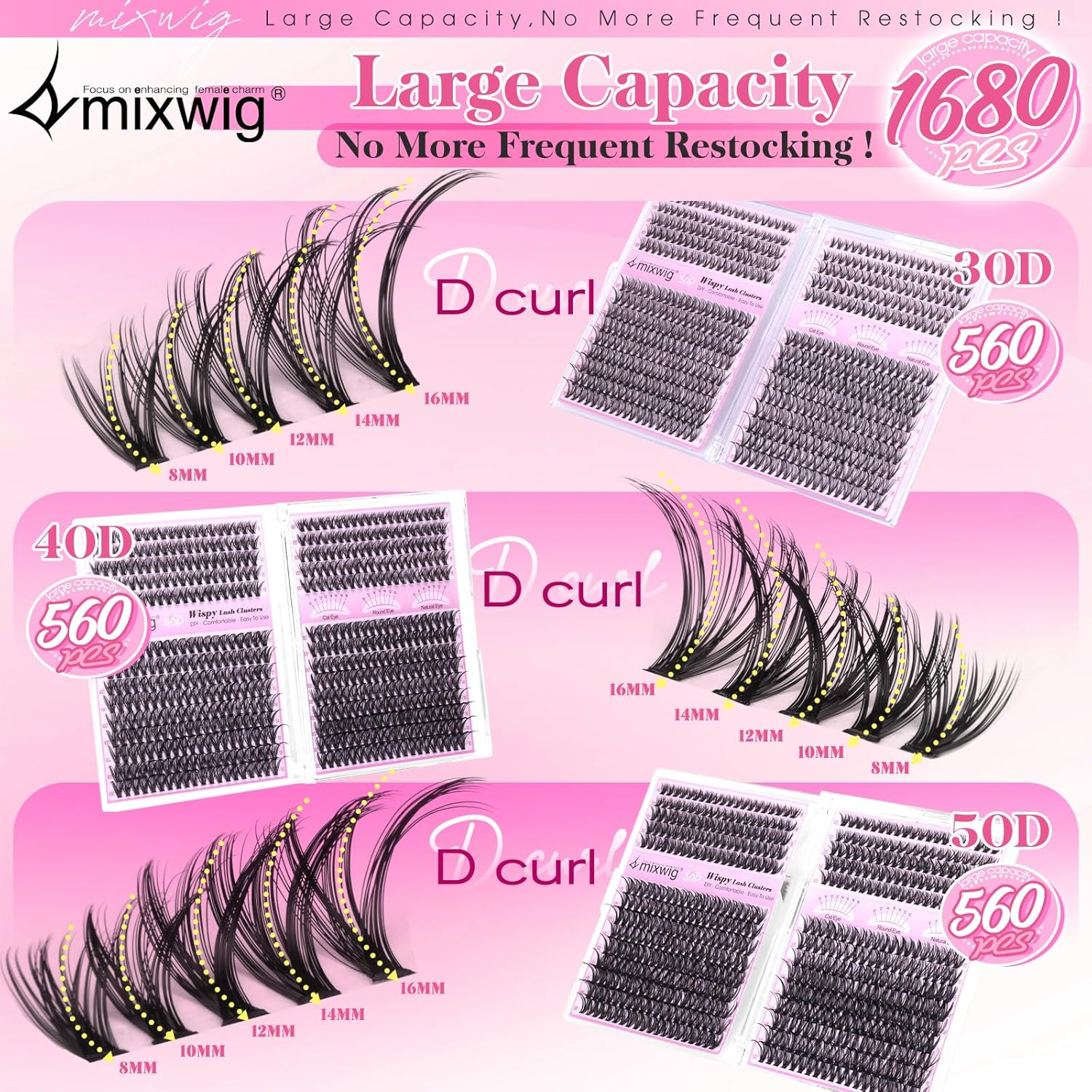 6 Box Lash Clusters Kit 30D+40D+50D Lash Extension Kit 1680PCS Eyelash Clusters with 2X Lash Bond and Seal Wispy Cluster Lashes Gift Packs Natural Lash Extensions 8-16MM Individual Lashes