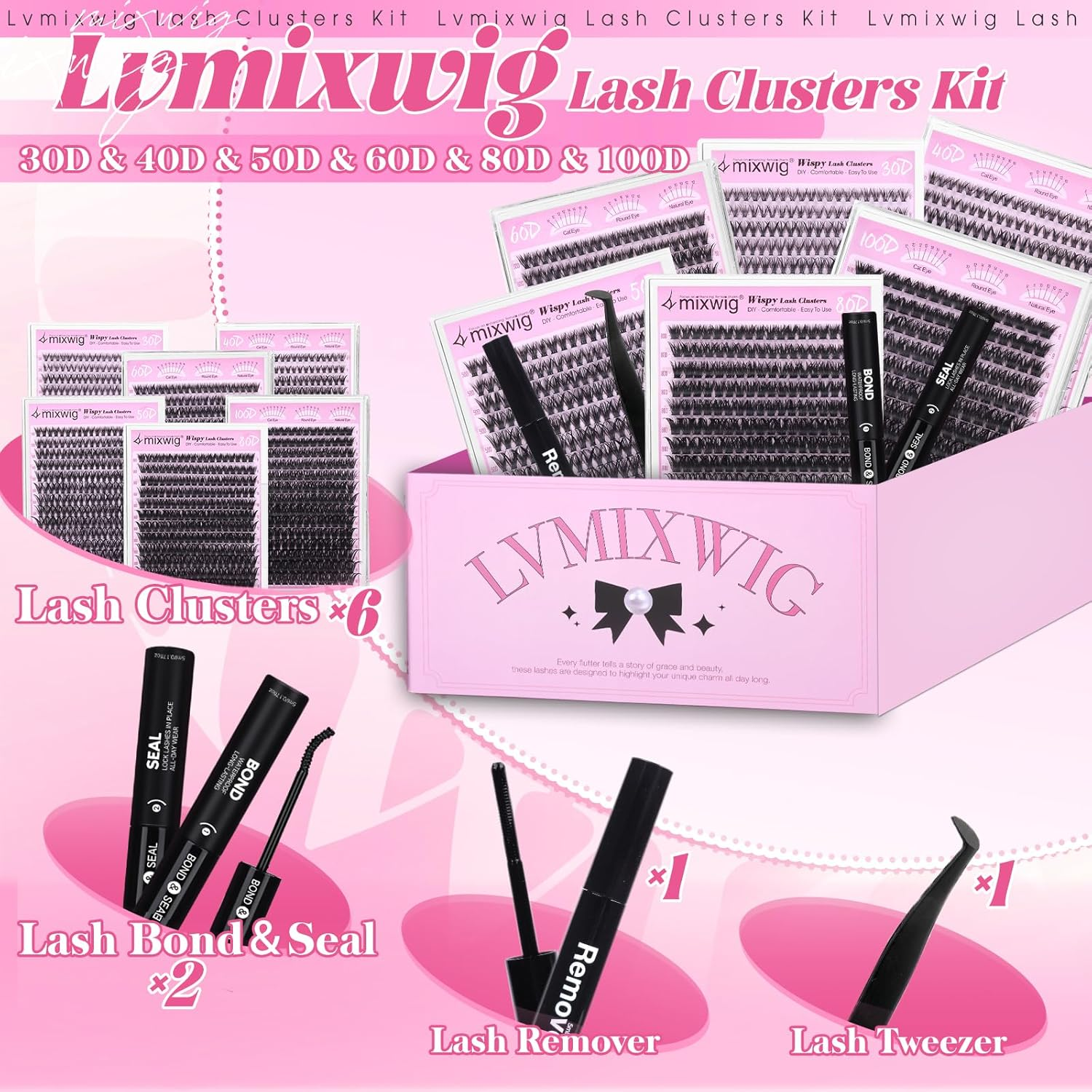 6 Styles Lash Clusters Kit 1596PCS Mega Lash Extension Kit Wispy Eyelash Clusters Volume Cluster Lashes with 2X Lash Bond and Seal Gift Packs 8-16MM D Curl Individual Lashes for Beginners