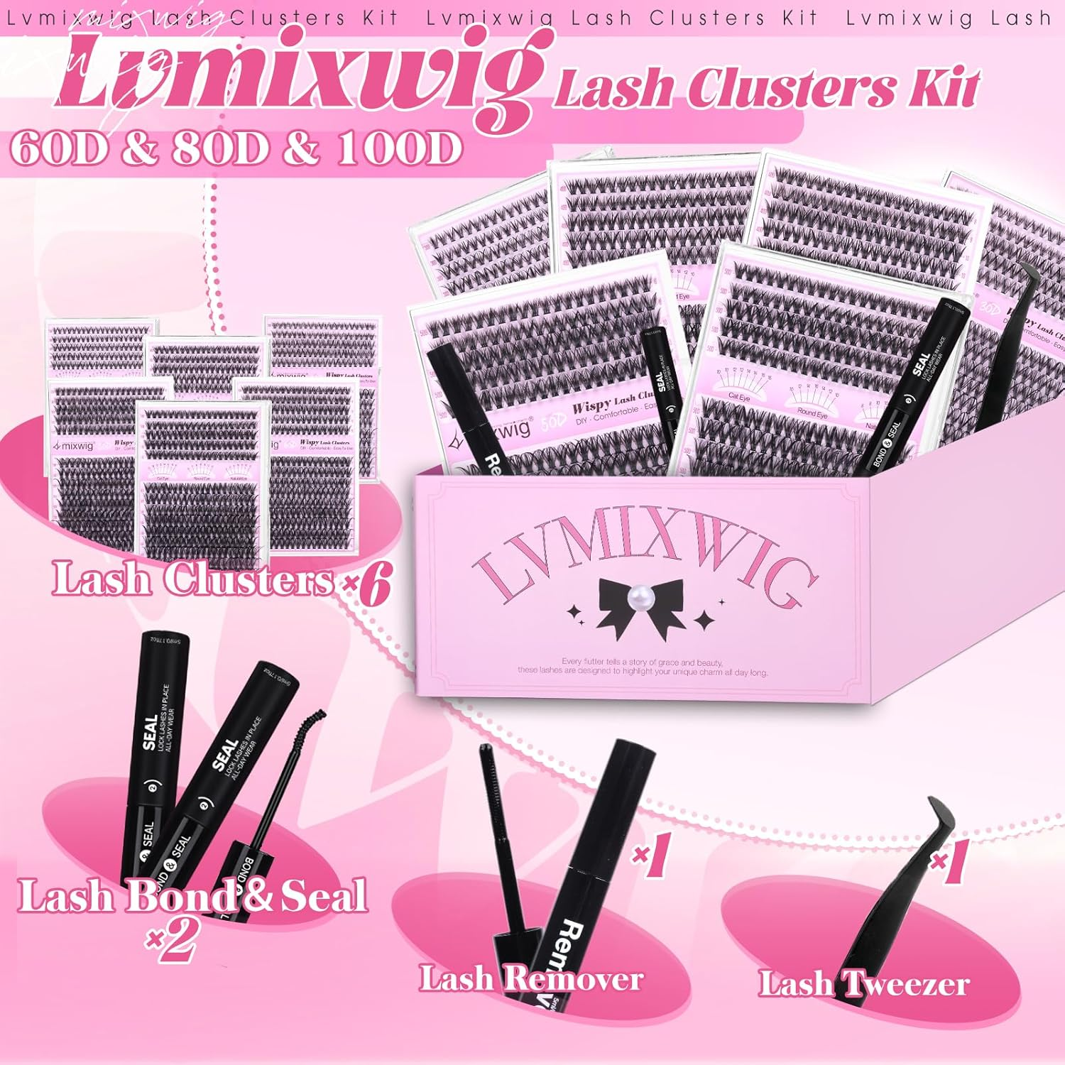 6 Box Lash Clusters Kit 30D+40D+50D Lash Extension Kit 1680PCS Eyelash Clusters with 2X Lash Bond and Seal Wispy Cluster Lashes Gift Packs Natural Lash Extensions 8-16MM Individual Lashes