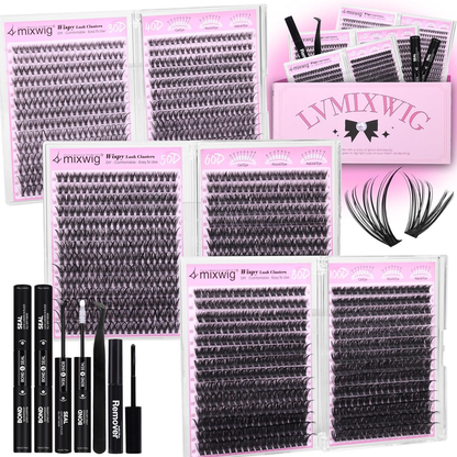 6 Styles Lash Clusters Kit 1596PCS Mega Lash Extension Kit Wispy Eyelash Clusters Volume Cluster Lashes with 2X Lash Bond and Seal Gift Packs 8-16MM D Curl Individual Lashes for Beginners