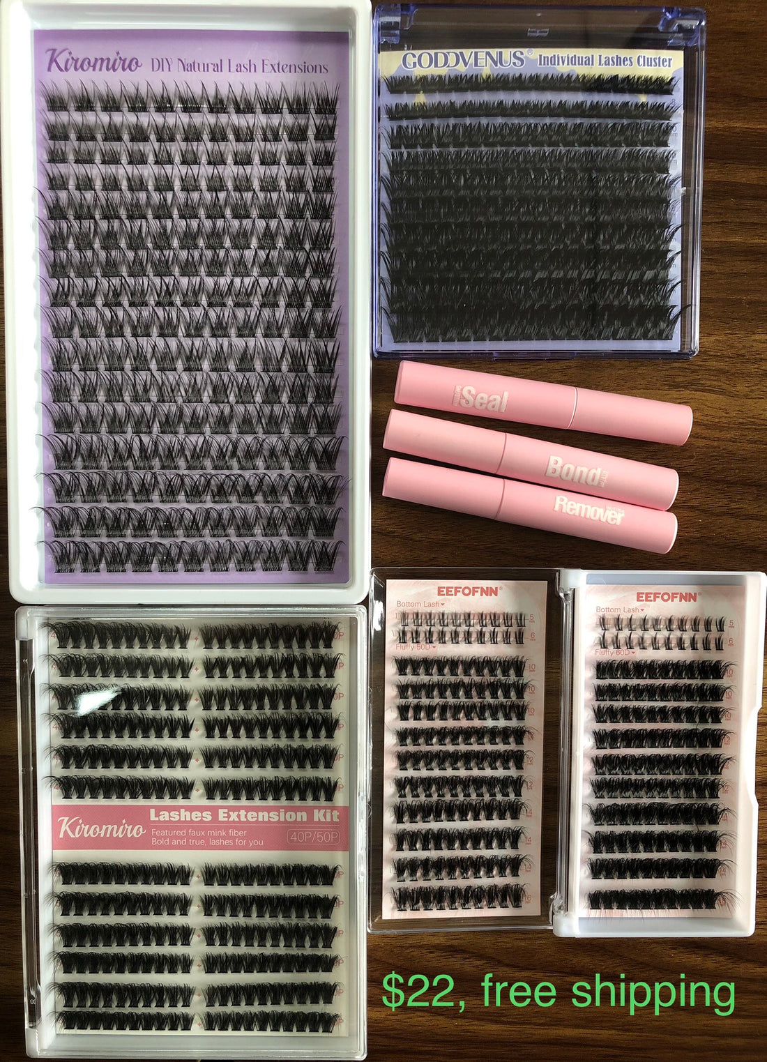 $22 for 4 packs of lashes + 1 bond + 1 seal + 1 remover