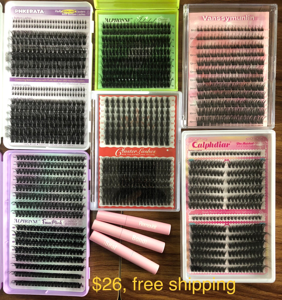 $26 for 6 packs of lashes + 1 bond + 1 seal + 1 remover